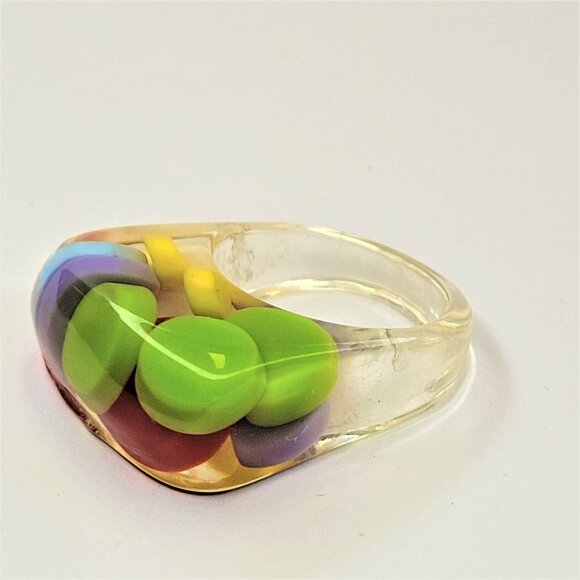 Lucite Resin Ring Multicolor Beads Clear See Through Rectangular Ring - Picture 4 of 8